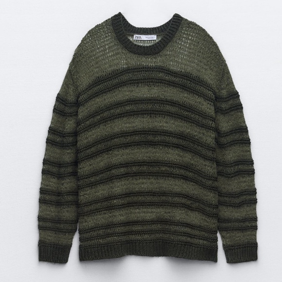 Zara khaki green touch of alpaca striped open knit oversized sweater NWT - Picture 1 of 8